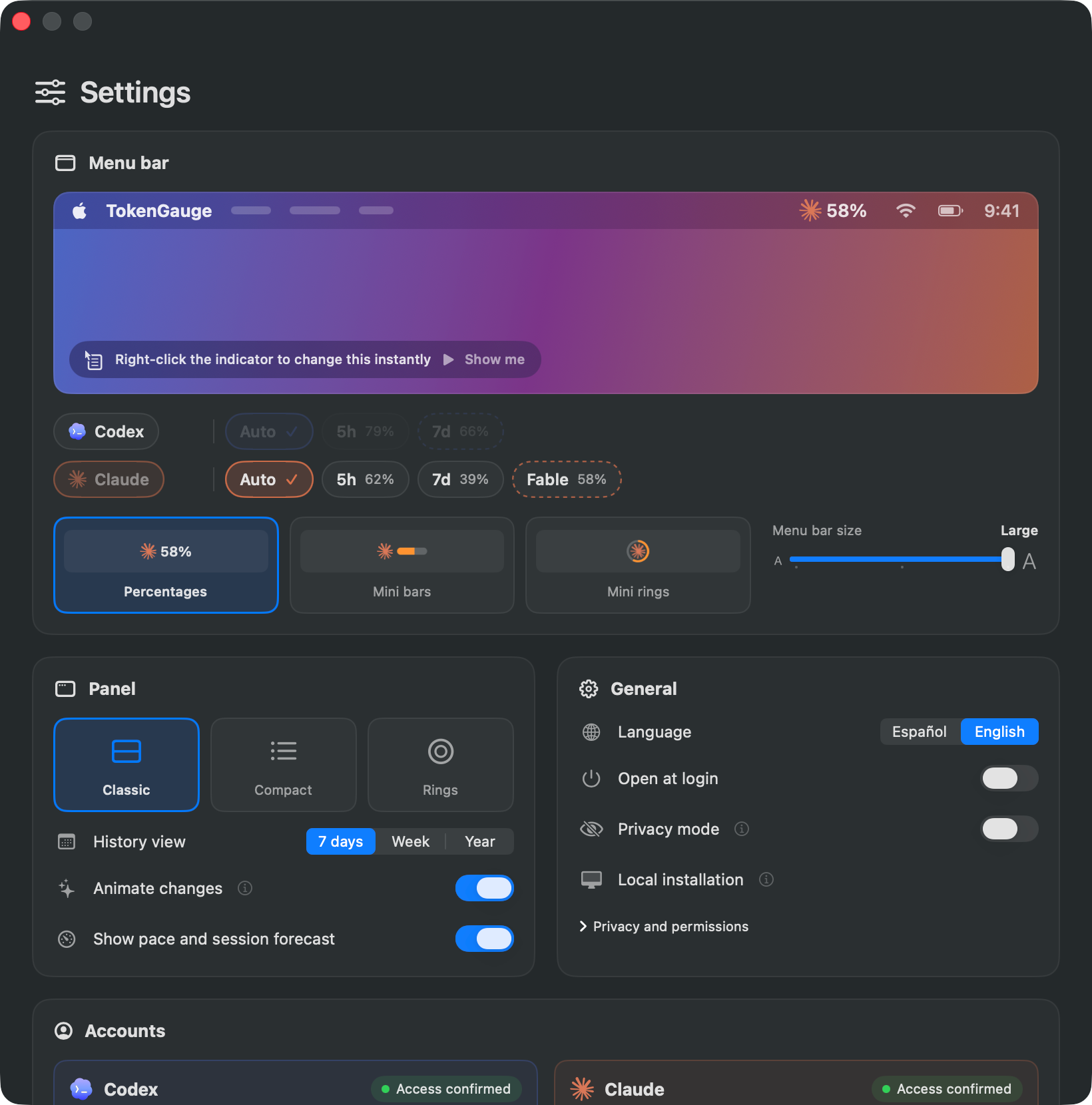 Settings with a live menu bar preview, limit chips, indicator styles and panel, general and account options