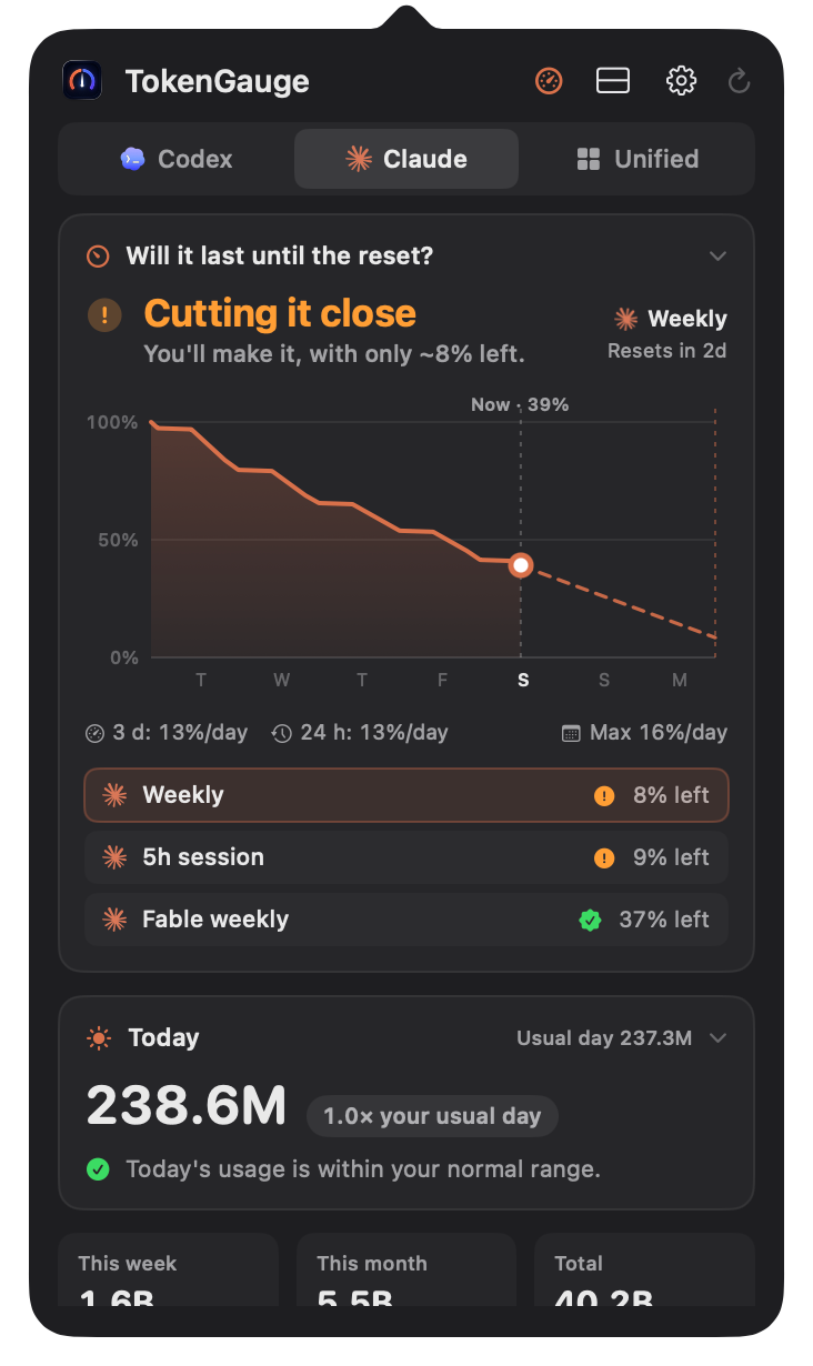 Stats view answering whether the Claude weekly quota lasts until the reset, with the chart, pace and a row for each limit