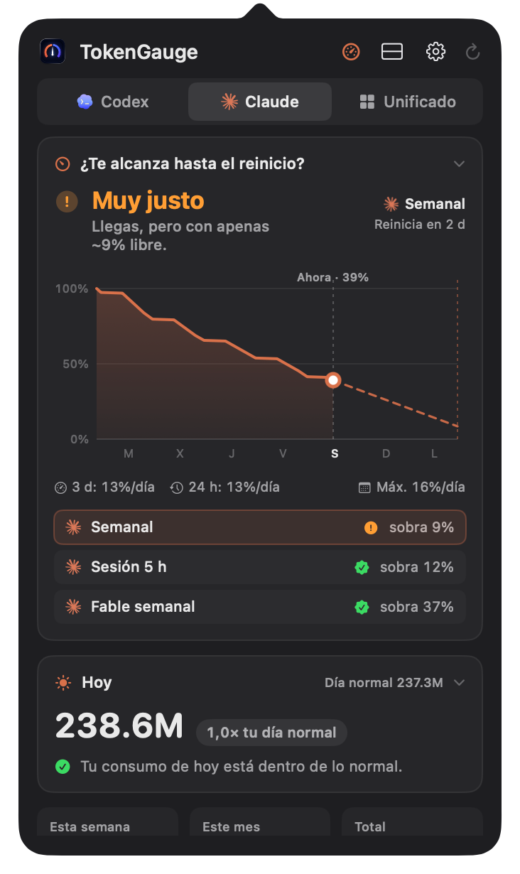 Estadísticas respondiendo si la cuota semanal de Claude alcanza hasta el reinicio, con el gráfico, el ritmo y una fila por cada límite